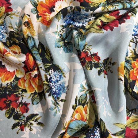 Вискоза голубая с цветочным принтом (150252)