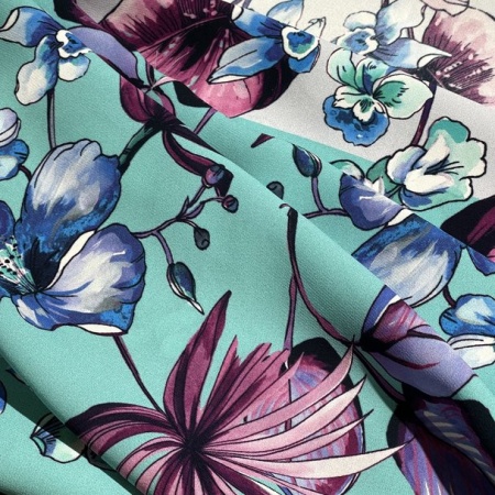 Вискоза бирюзовая с цветочным принтом (125688-1)