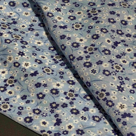 Хлопок голубой с цветочным принтом (150202-2)